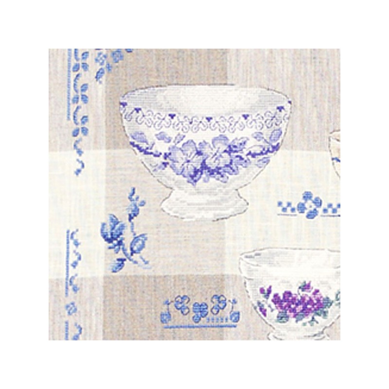 Lin : Torchon aux bols N°2 «Collection fleurs bleues»