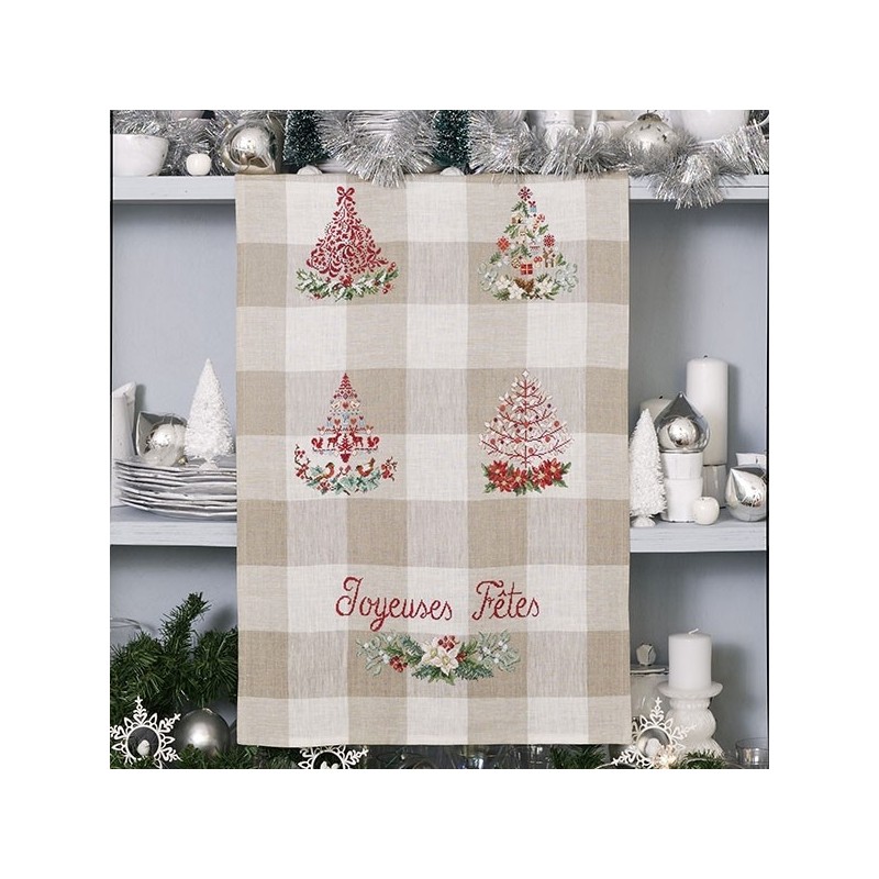 Lin : Torchon «Sapins de fête» à broder au point de croix