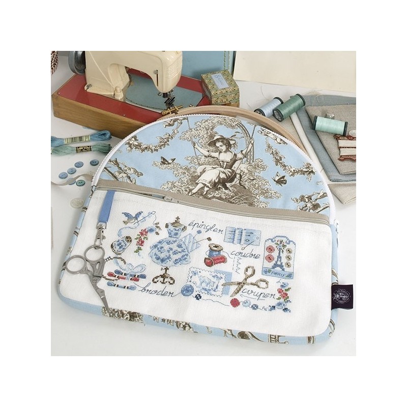 Lin : Grande trousse à ouvrage « Toile de Jouy » Bleue