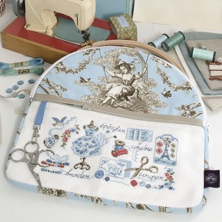 Lin : Grande trousse à ouvrage « Toile de Jouy » Bleue