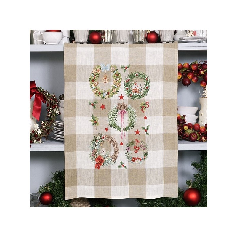Lin : Torchon «Couronnes de Noël» à broder au point de croix