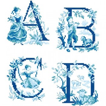 Le grand ABC «Toile de Jouy» bleu  à broder au point de croix