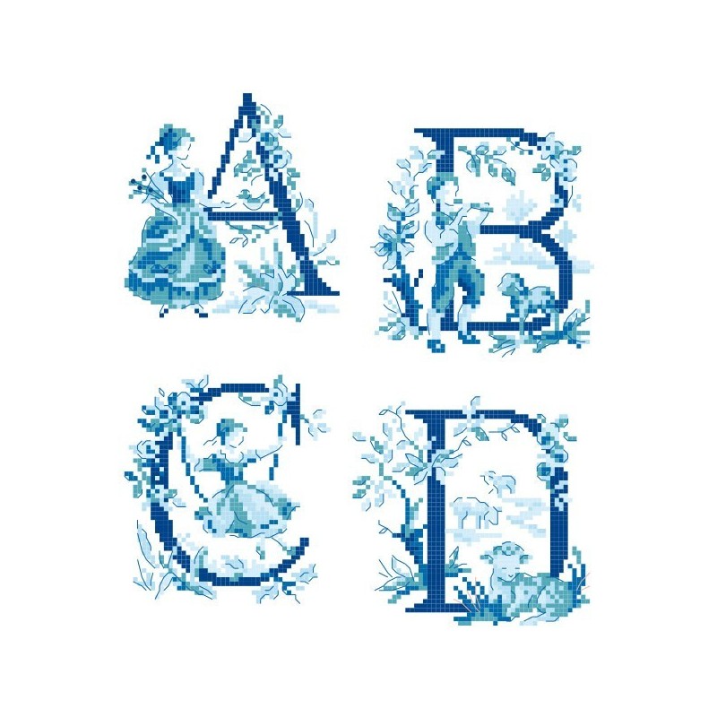 Le grand ABC «Toile de Jouy» bleu  à broder au point de croix