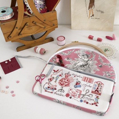 Linen Large « Toile de Jouy » Pink print embroidery pouch