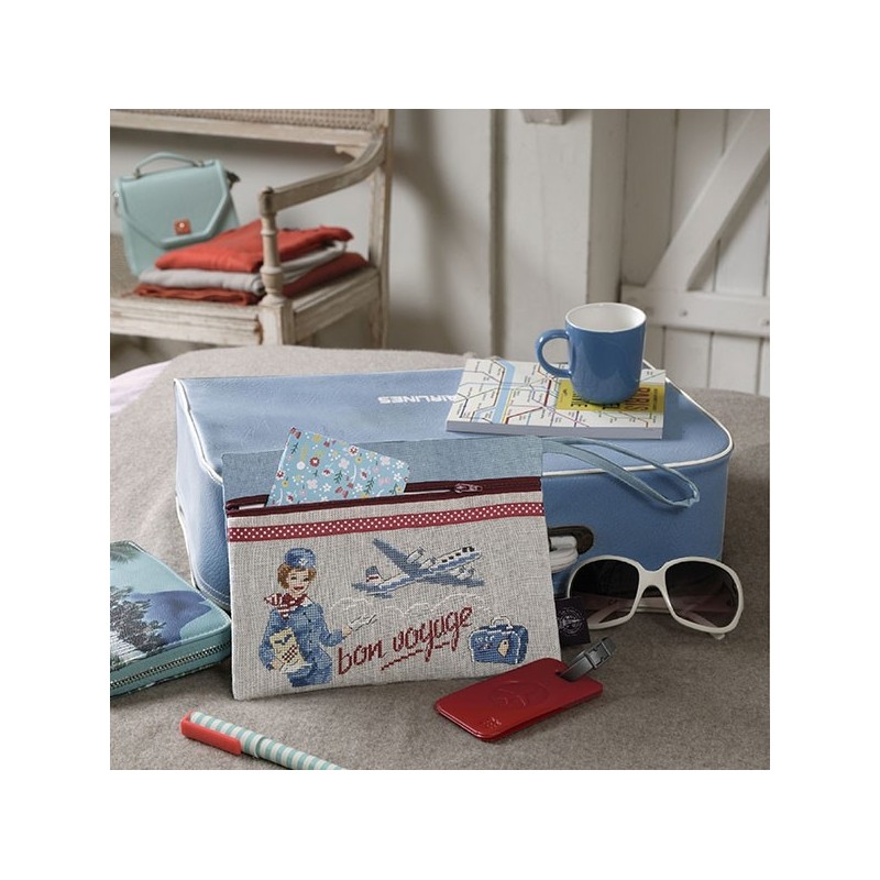 Lin : Pochette « Bon voyage » à broder au point de croix