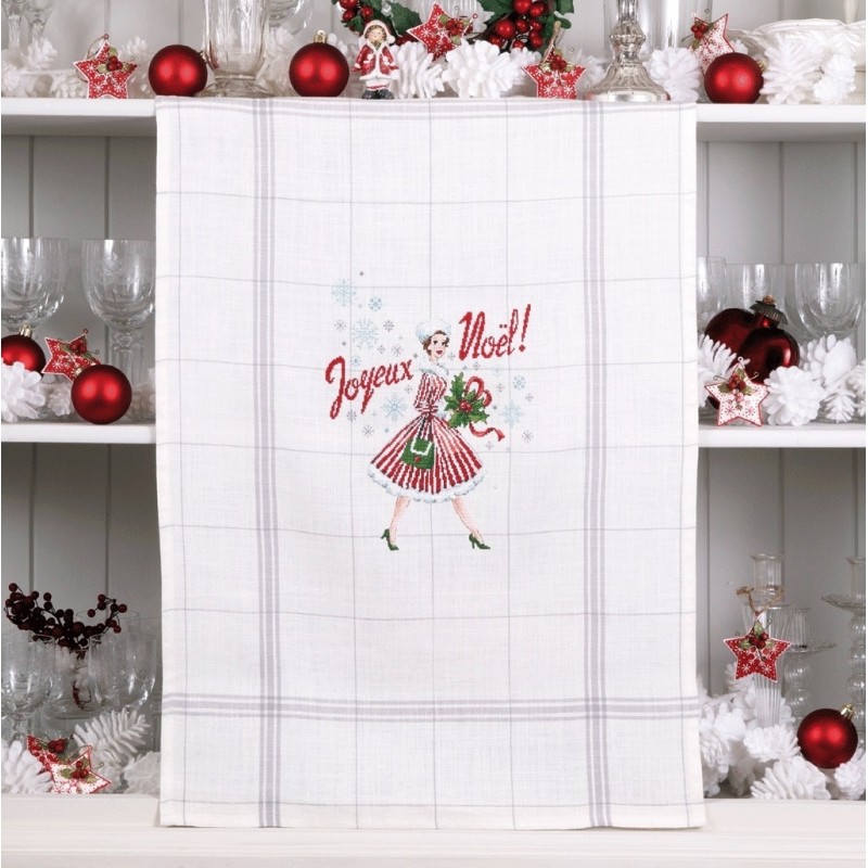 Lin : Torchon «Noël Vintage»  à broder au point de croix