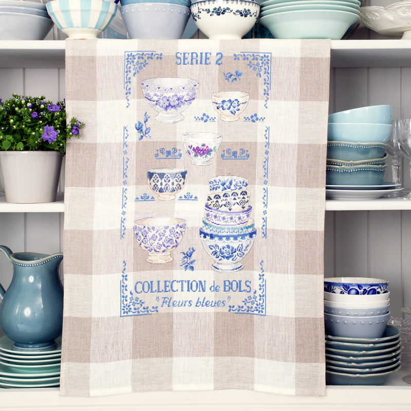 Linen Collection aux bols N°2 «fleurs bleues» Tea towel